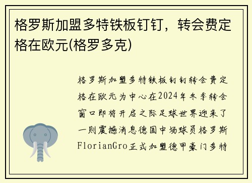 格罗斯加盟多特铁板钉钉，转会费定格在欧元(格罗多克)