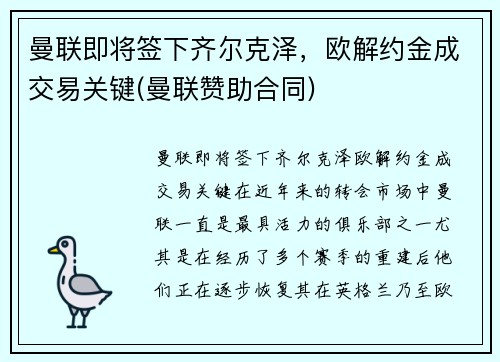 曼联即将签下齐尔克泽，欧解约金成交易关键(曼联赞助合同)