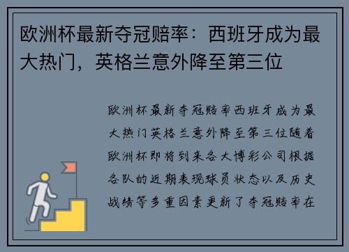 欧洲杯最新夺冠赔率：西班牙成为最大热门，英格兰意外降至第三位
